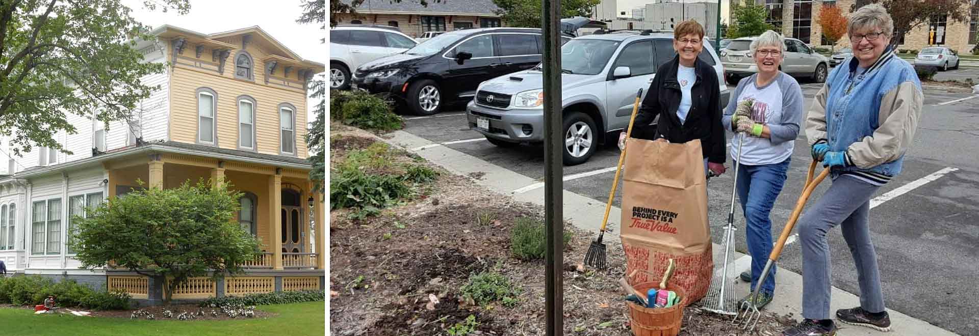 Building facade & volunteers cleaning up landscape